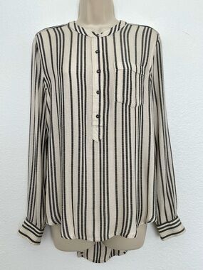 Lucky Brand Black & Cream Striped Button-Front Popover Long Sleeve Blouse